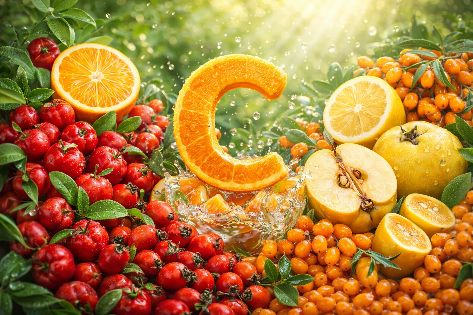 Luonnolliset C-vitamiinin lähteet, kuten ruusunmarja, acerola ja tyrni