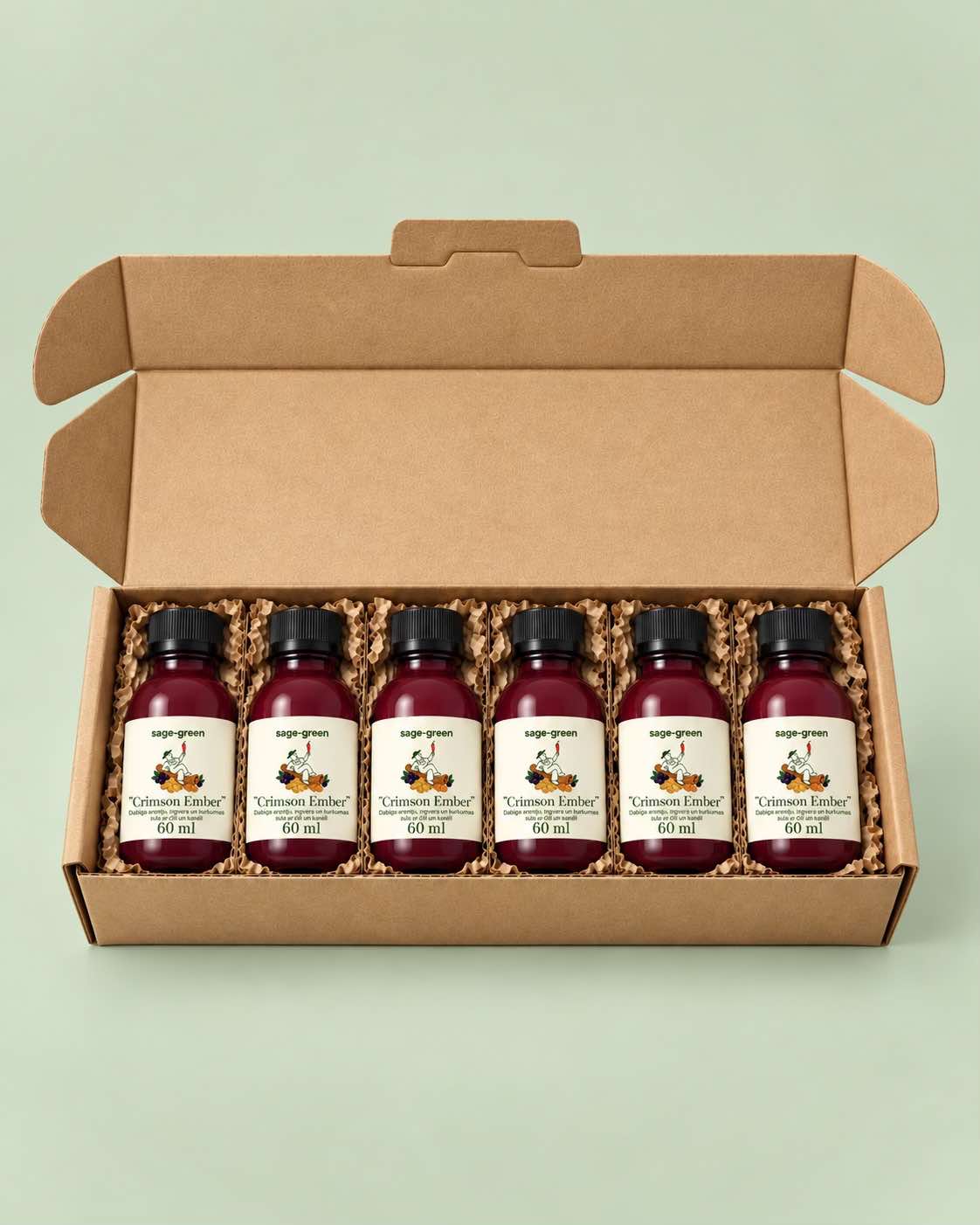 An open kraft cardboard gift box containing five small dark glass bottles with white labels reading 'Vigorous Herbal' and '500 mg'. The bottles are arranged in brown crinkle paper packing on a pale mint green background.