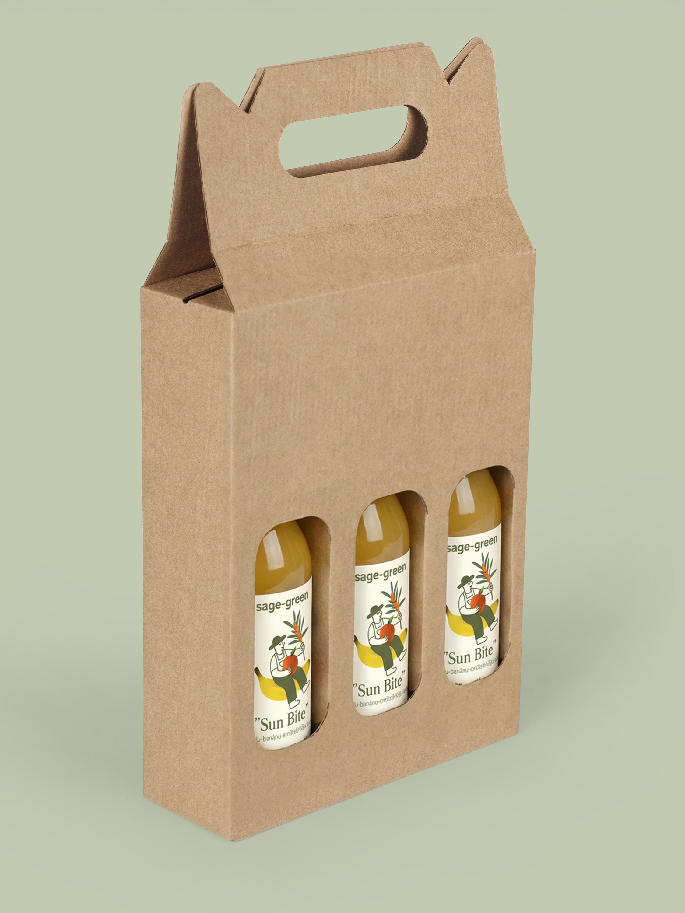 Cardboard bottle carrier with three bottles inside on a light green background